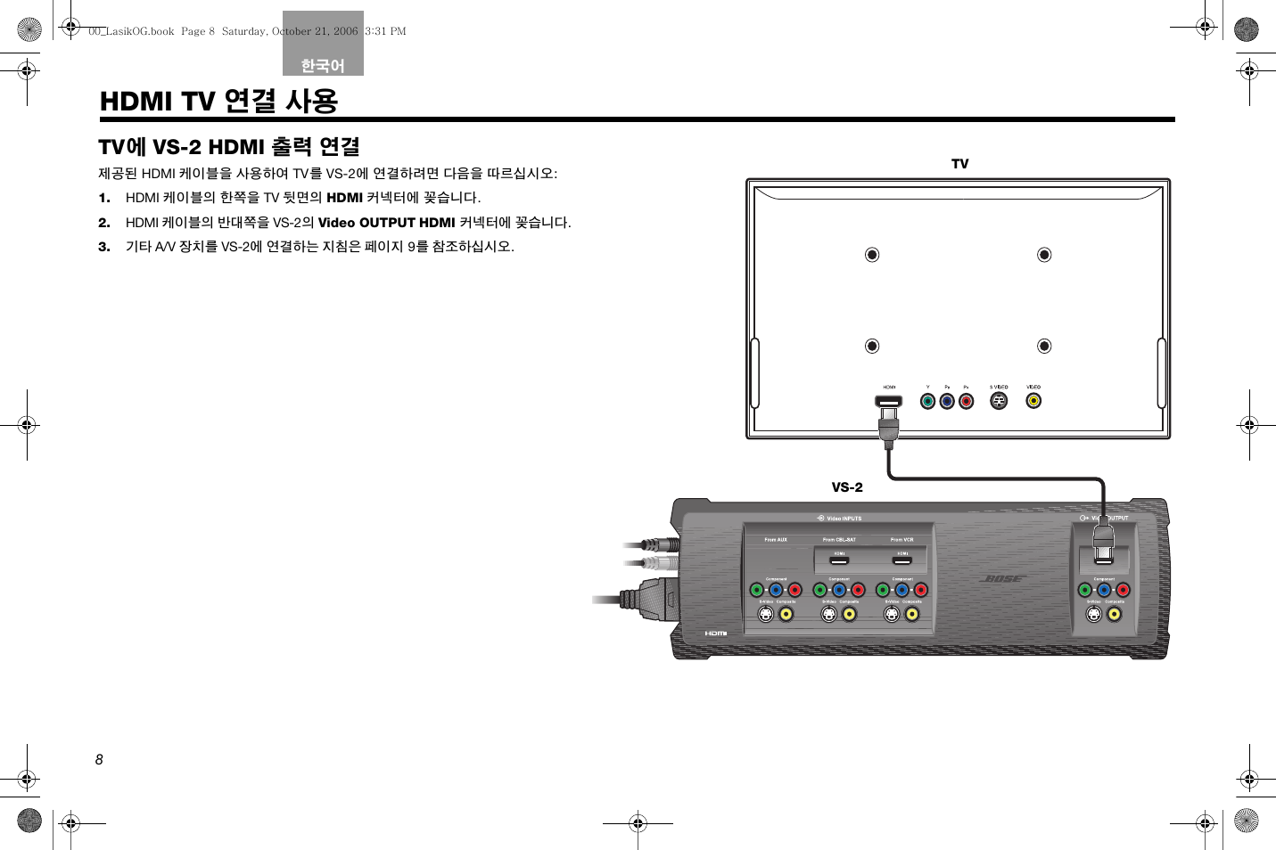 Hdmi tv 연결 사용, 페이지 8, Tv 에 vs-2 hdmi 출력 연결 | Bose Lifestyle AM301726 User Manual | Page 206 / 267