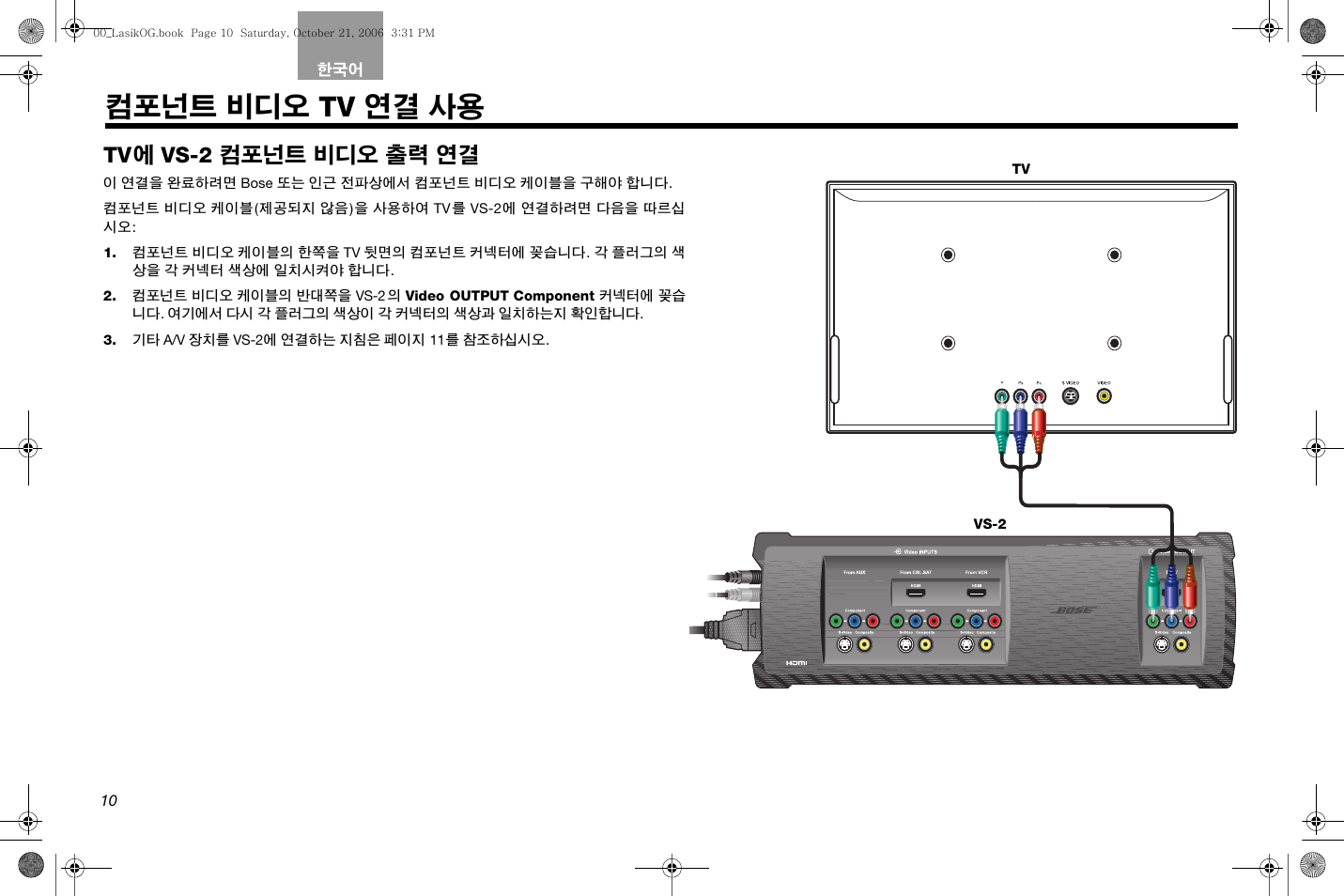 컴포넌트 비디오 tv 연결 사용, 페이지 10, Tv 에 vs-2 컴포넌트 비디오 출력 연결 | Bose Lifestyle AM301726 User Manual | Page 208 / 267