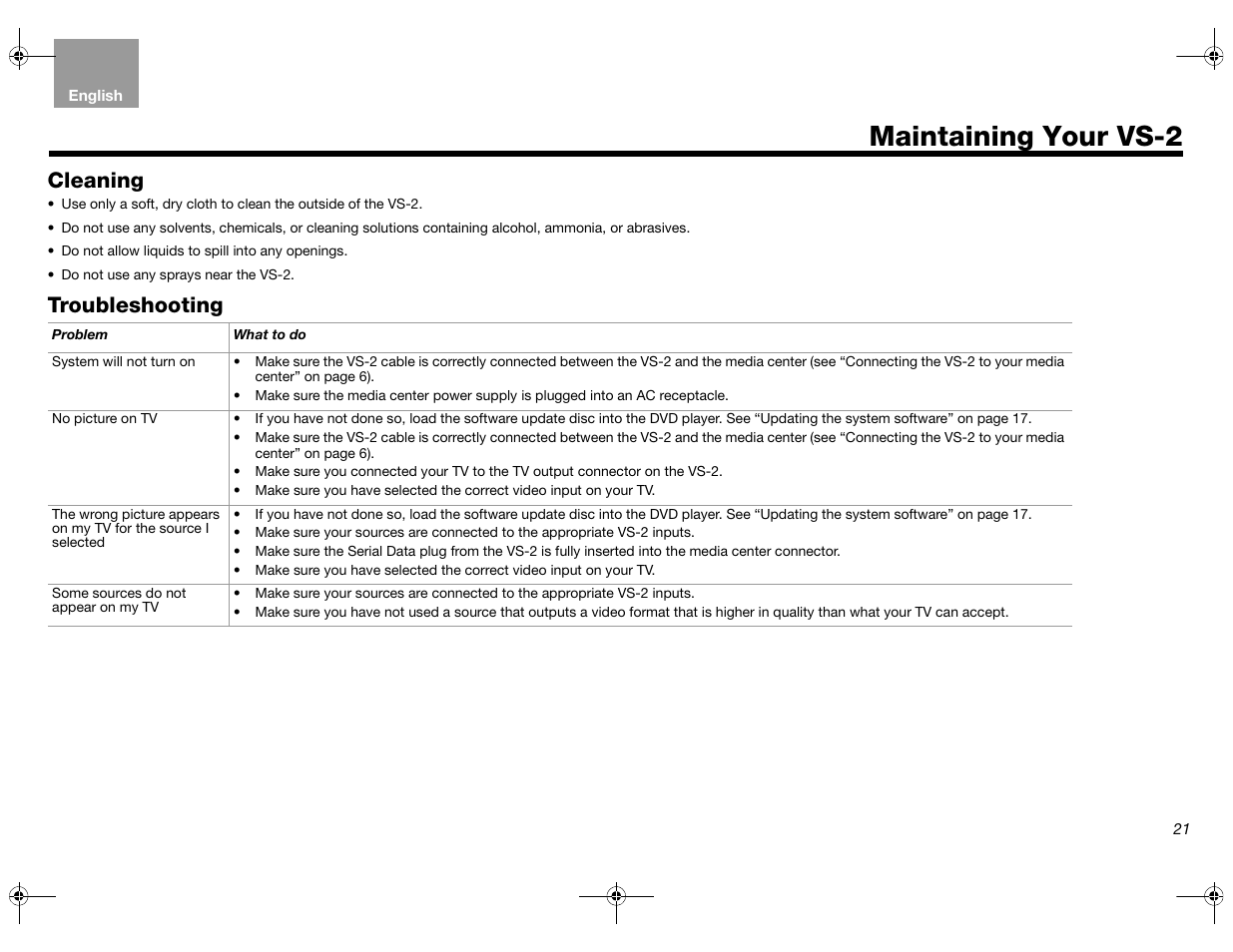 Maintaining your vs-2, Cleaning, Troubleshooting | Bose Lifestyle AM301726 User Manual | Page 21 / 267