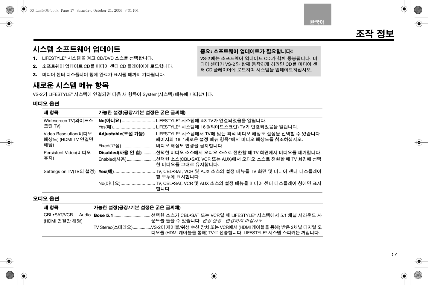 조작 정보, 시스템 소프트웨어 업데이트, 새로운 시스템 메뉴 항목 | Bose Lifestyle AM301726 User Manual | Page 215 / 267