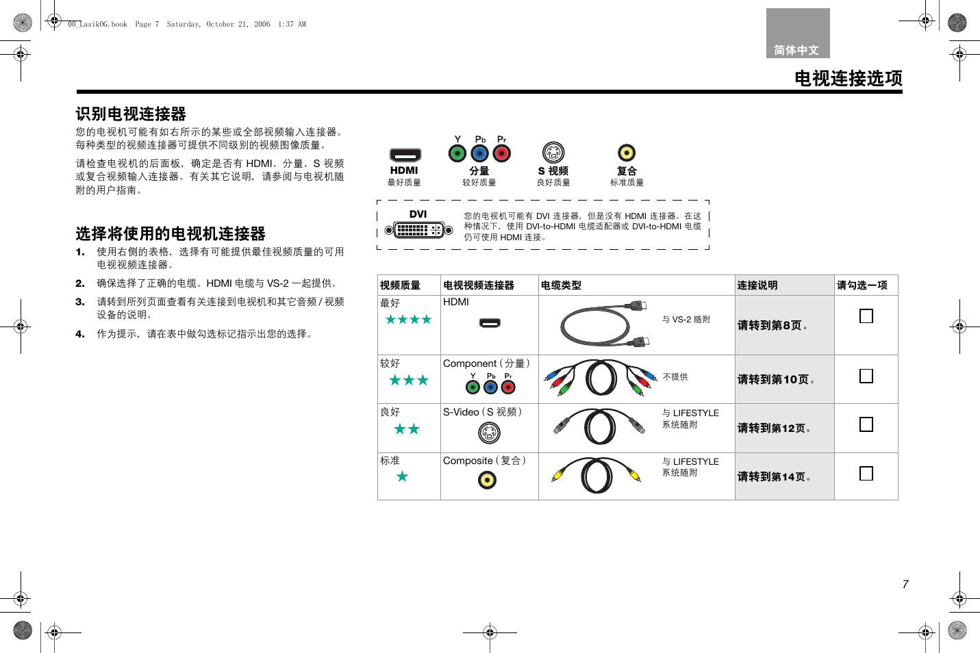 电视连接选项, 识别电视连接器, 选择将使用的电视机连接器 | Bose Lifestyle AM301726 User Manual | Page 227 / 267