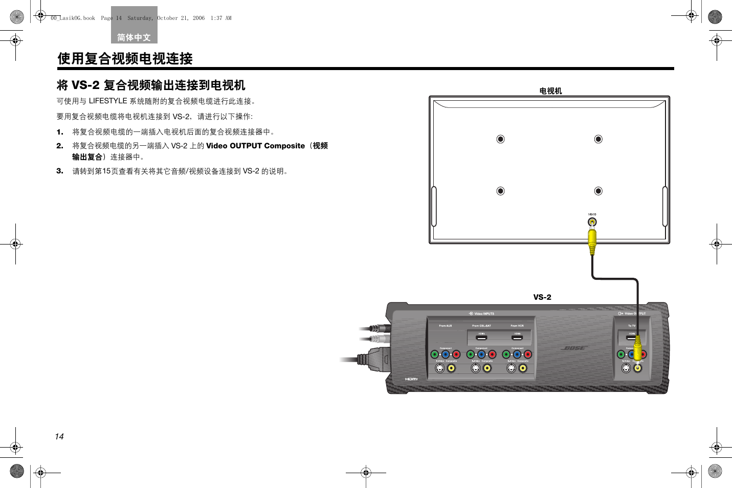 使用复合视频电视连接, 第 14 页, 将 vs-2 复合视频输出连接到电视机 | Bose Lifestyle AM301726 User Manual | Page 234 / 267