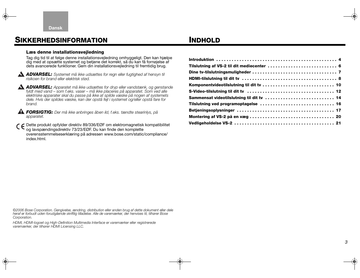 Ndhold, Ikkerhedsinformation | Bose Lifestyle AM301726 User Manual | Page 25 / 267
