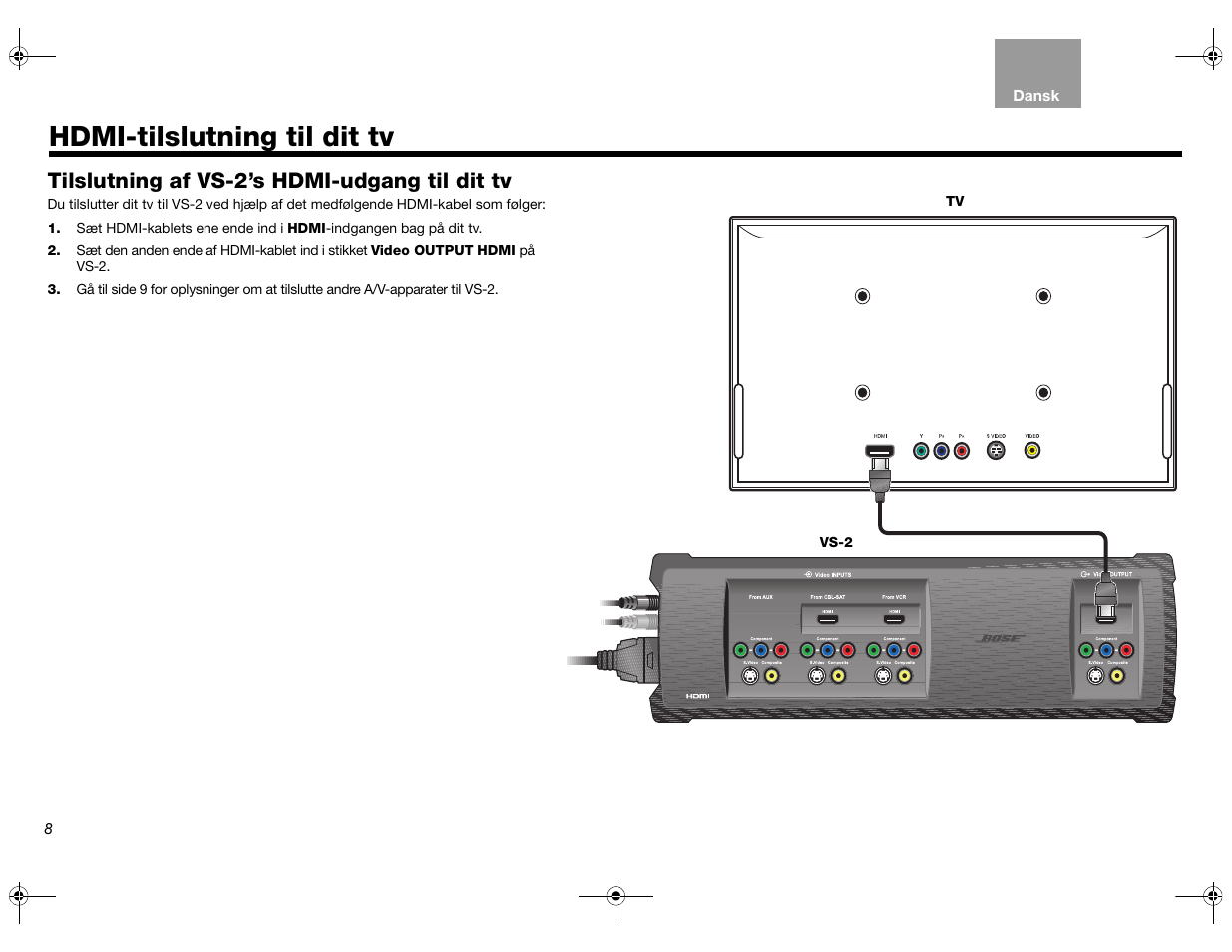 Side 8, Hdmi-tilslutning til dit tv, Tilslutning af vs-2’s hdmi-udgang til dit tv | Bose Lifestyle AM301726 User Manual | Page 30 / 267