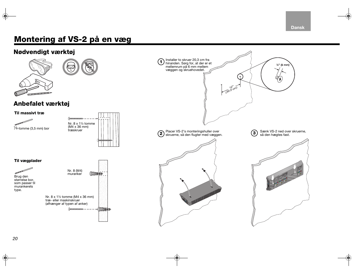 Montering af vs-2 på en væg, Nødvendigt værktøj anbefalet værktøj | Bose Lifestyle AM301726 User Manual | Page 42 / 267