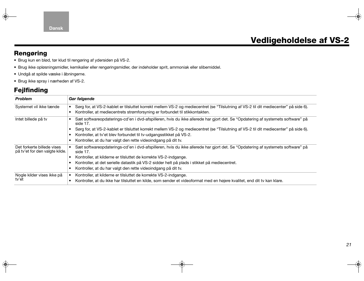 Vedligeholdelse af vs-2, Rengøring, Fejlfinding | Bose Lifestyle AM301726 User Manual | Page 43 / 267
