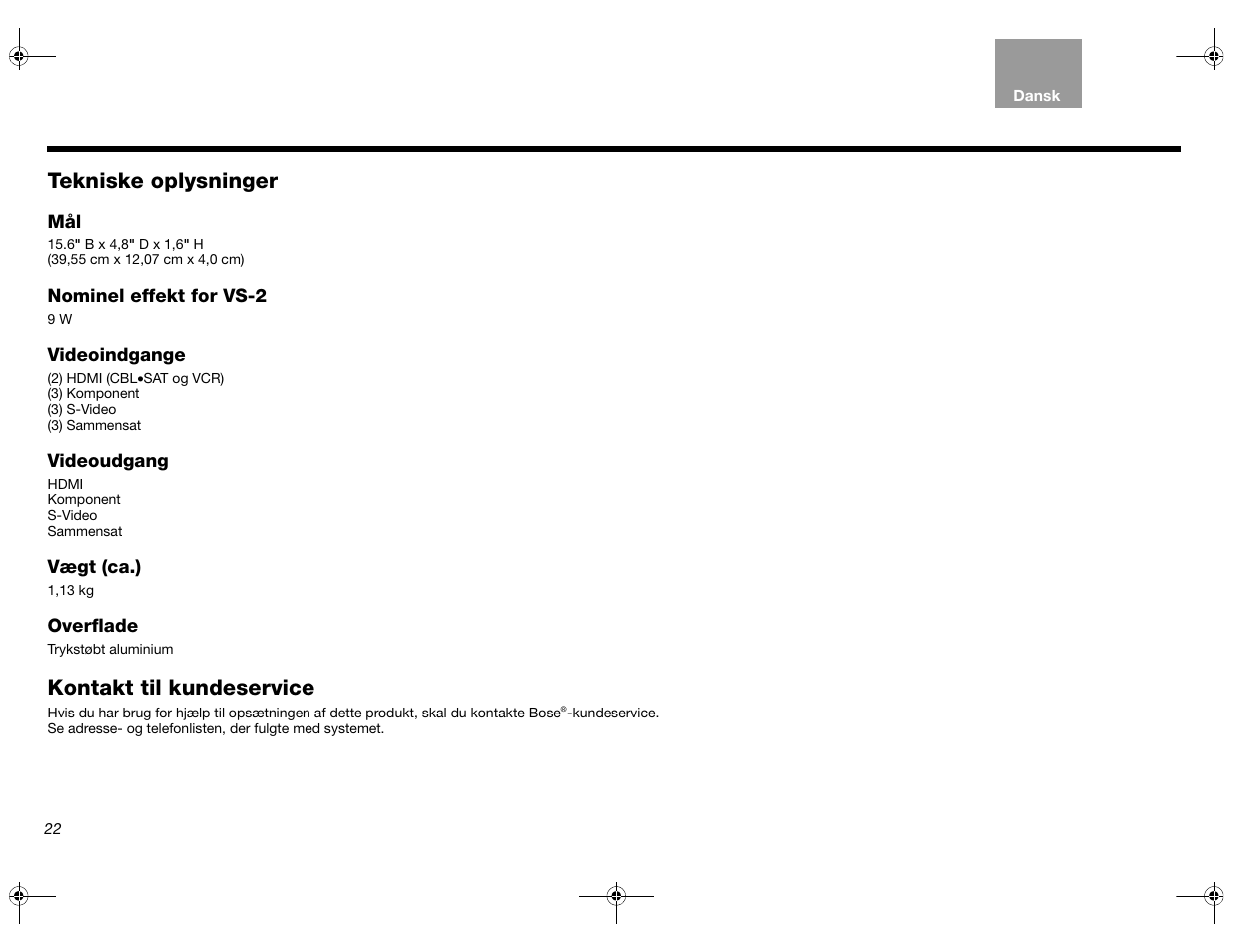 Tekniske oplysninger, Kontakt til kundeservice | Bose Lifestyle AM301726 User Manual | Page 44 / 267
