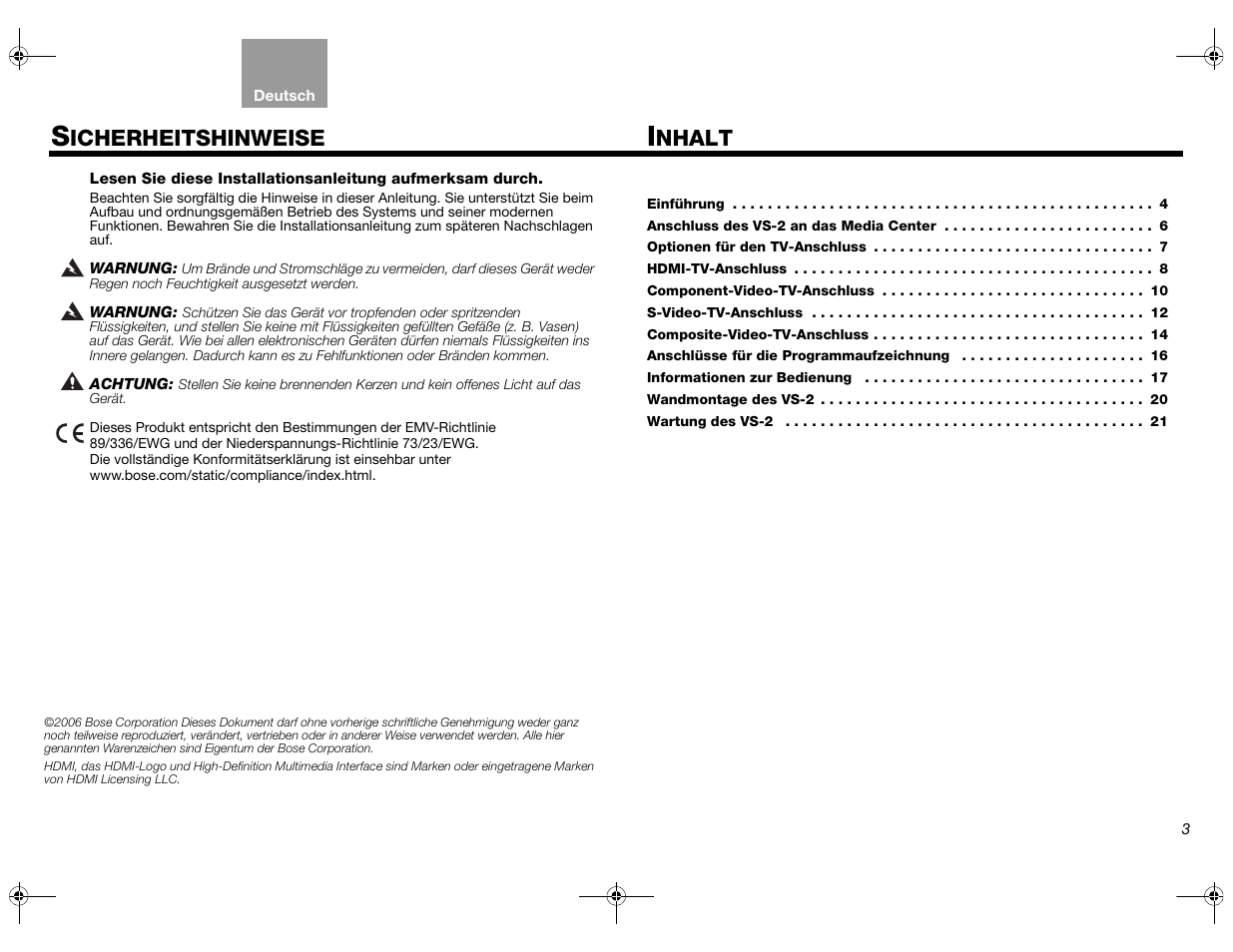 Nhalt, Icherheitshinweise | Bose Lifestyle AM301726 User Manual | Page 47 / 267
