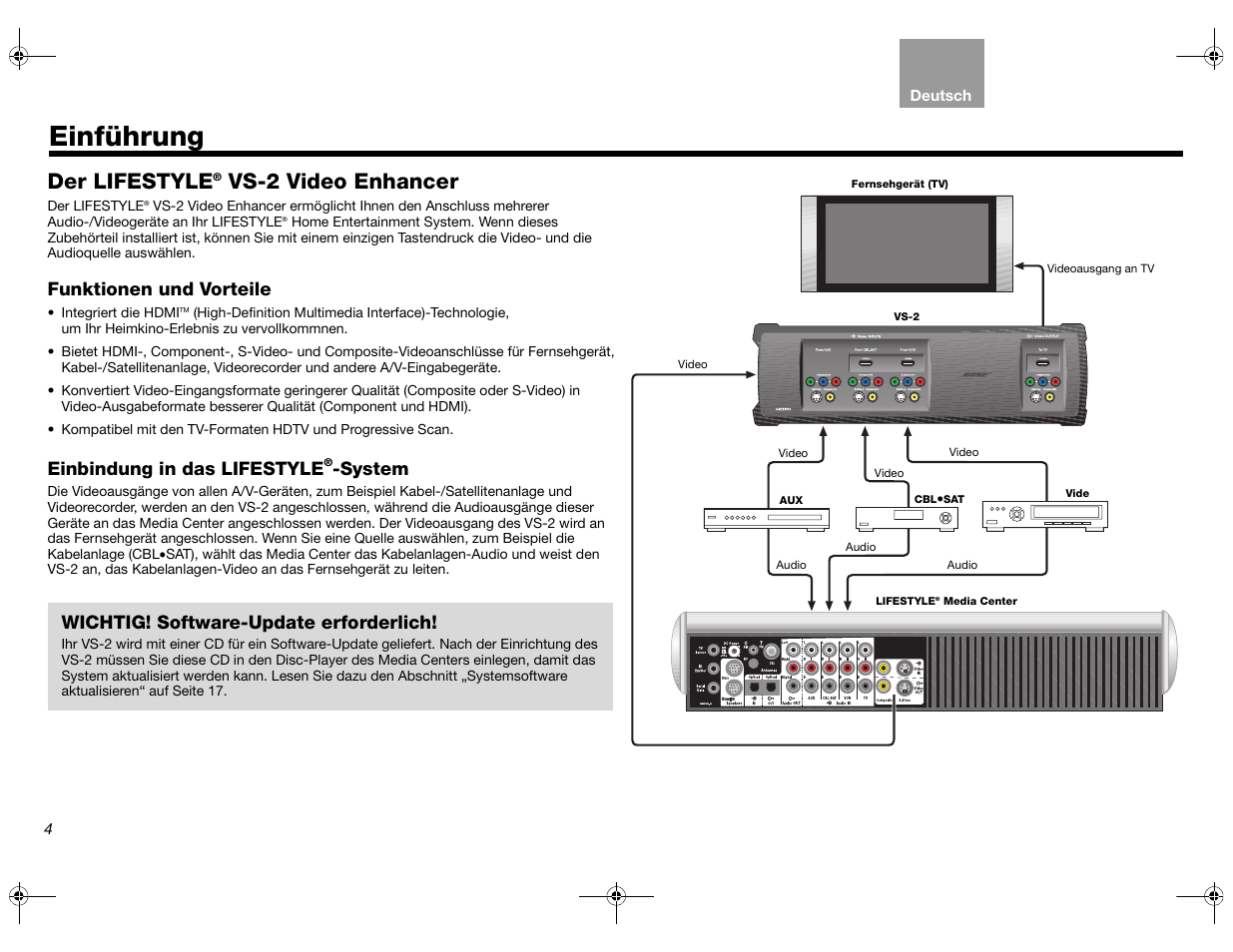 Einführung, Der lifestyle, Vs-2 video enhancer | Funktionen und vorteile, Einbindung in das lifestyle, System, Wichtig! software-update erforderlich | Bose Lifestyle AM301726 User Manual | Page 48 / 267