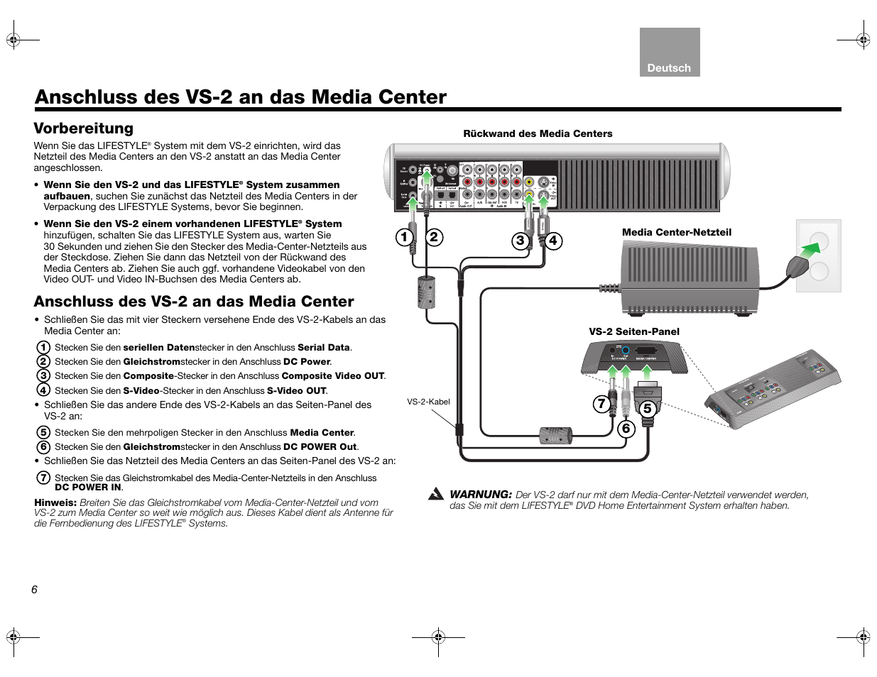 Anschluss des vs-2 an das media center, Vorbereitung | Bose Lifestyle AM301726 User Manual | Page 50 / 267