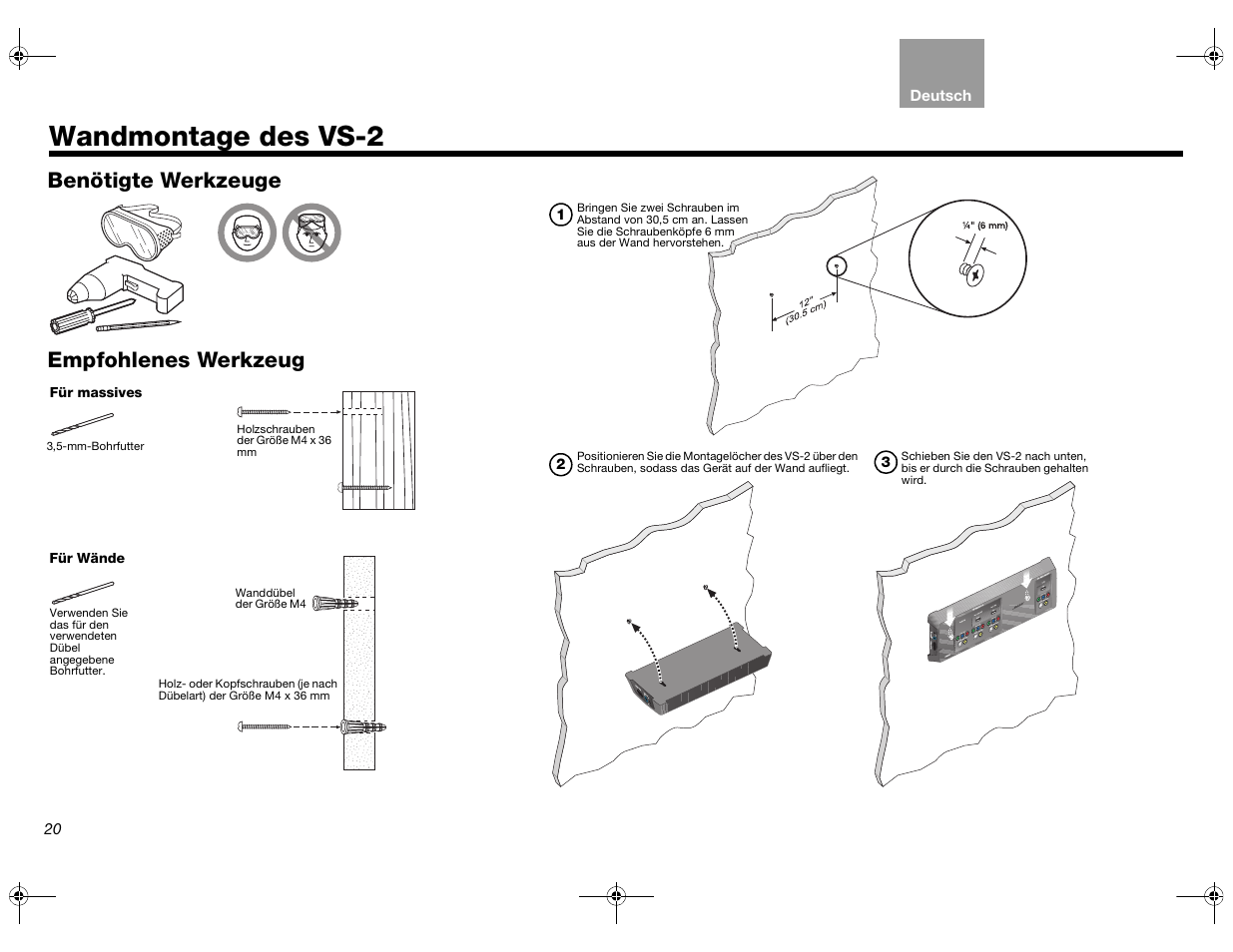 Wandmontage des vs-2, Benötigte werkzeuge empfohlenes werkzeug | Bose Lifestyle AM301726 User Manual | Page 64 / 267