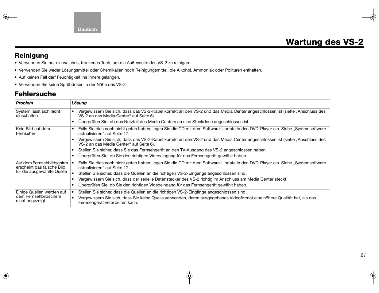 Wartung des vs-2, Reinigung, Fehlersuche | Bose Lifestyle AM301726 User Manual | Page 65 / 267