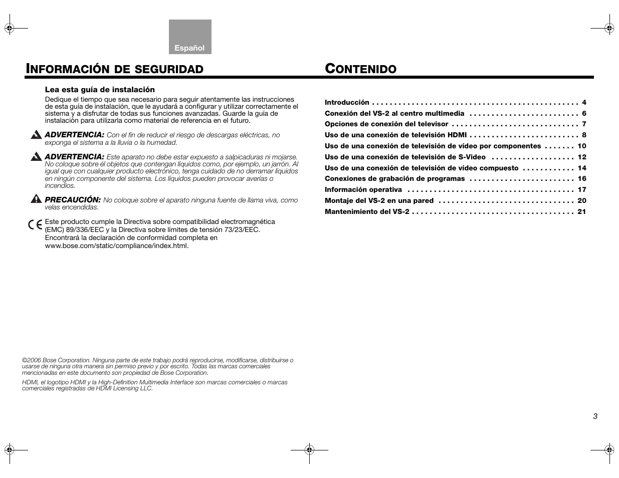 Ontenido, Nformación, Seguridad | Bose Lifestyle AM301726 User Manual | Page 69 / 267