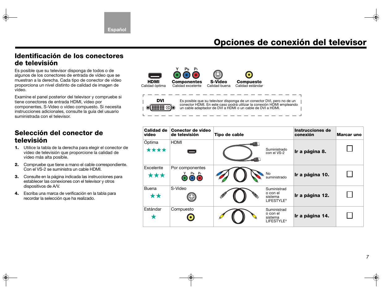 Opciones de conexión del televisor, Identificación de los conectores de televisión, Selección del conector de televisión | Bose Lifestyle AM301726 User Manual | Page 73 / 267