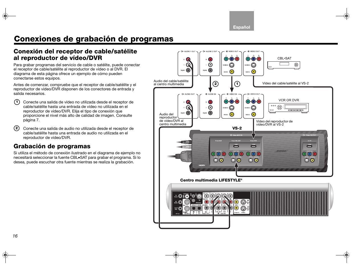 Conexiones de grabación de programas, Grabación de programas | Bose Lifestyle AM301726 User Manual | Page 82 / 267