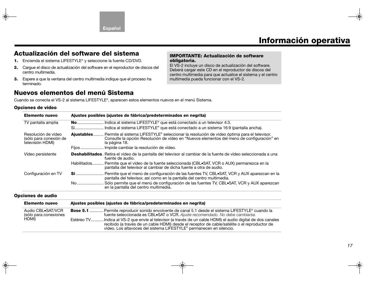 Información operativa, Actualización del software del sistema, Nuevos elementos del menú sistema | Bose Lifestyle AM301726 User Manual | Page 83 / 267