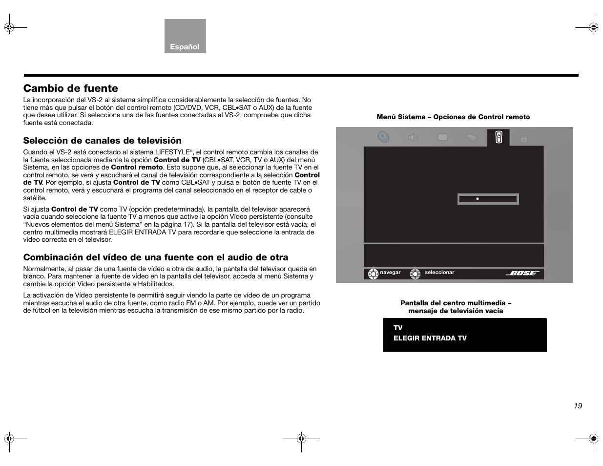 Cambio de fuente, Selección de canales de televisión | Bose Lifestyle AM301726 User Manual | Page 85 / 267