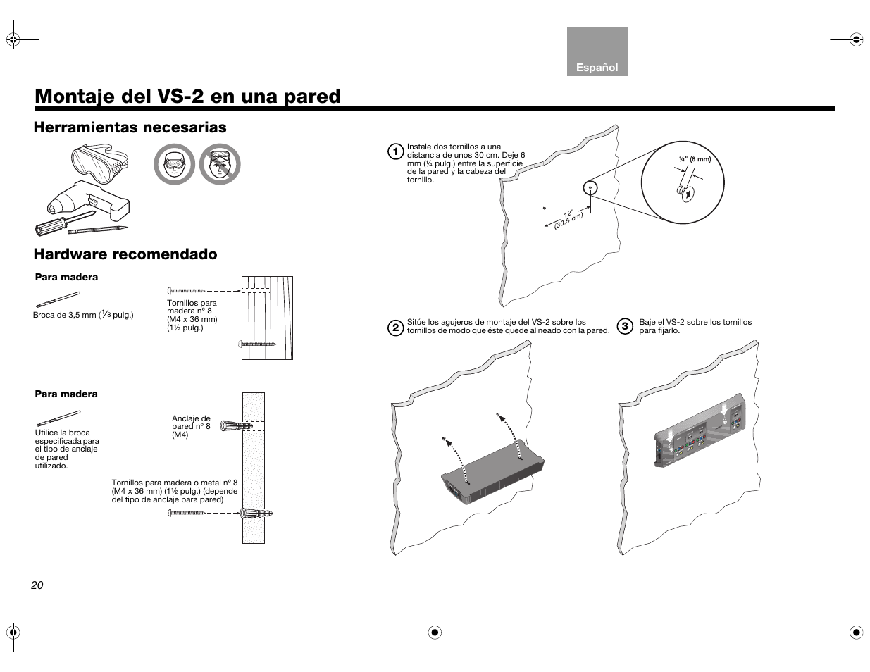 Montaje del vs-2 en una pared, Herramientas necesarias hardware recomendado | Bose Lifestyle AM301726 User Manual | Page 86 / 267