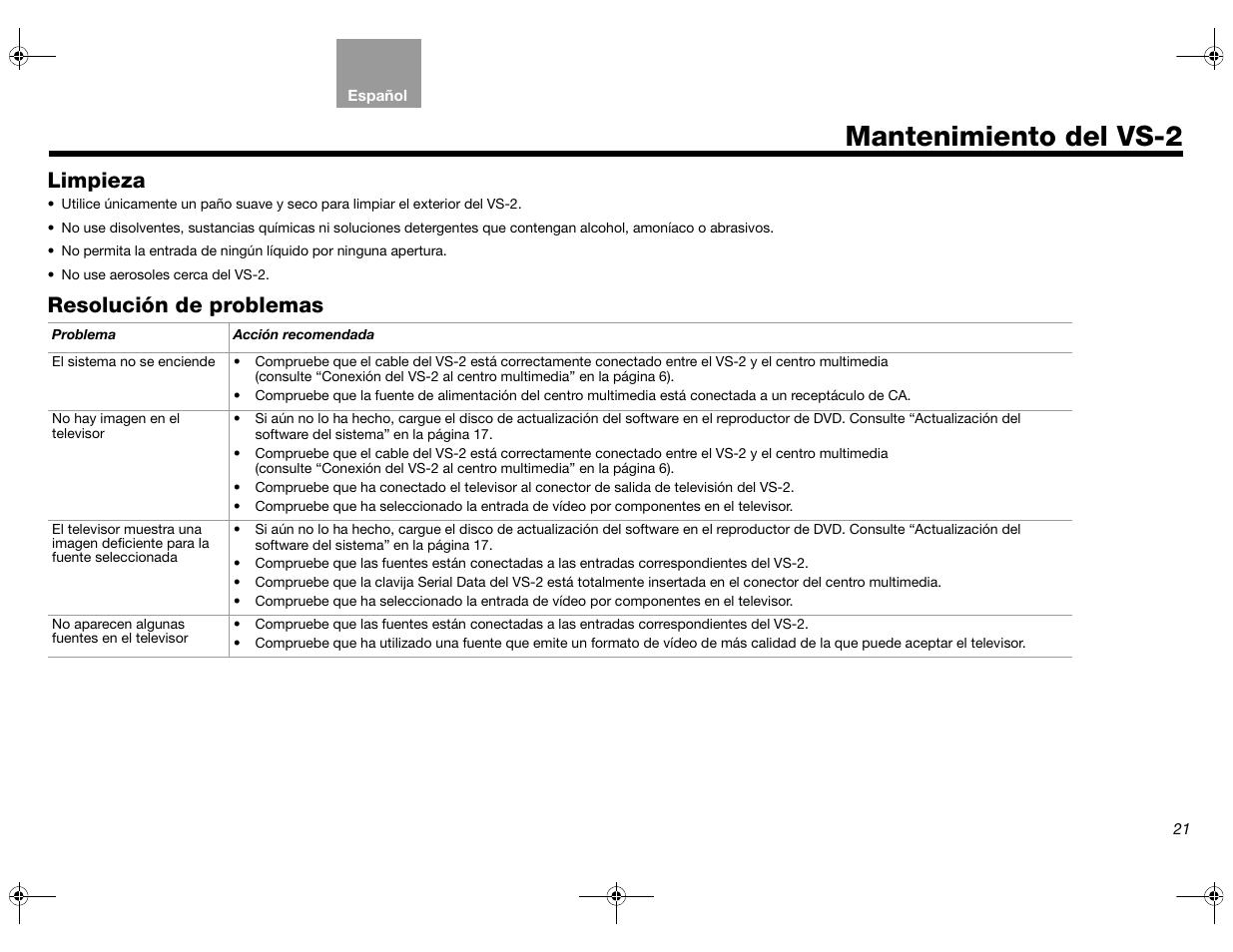 Mantenimiento del vs-2, Limpieza, Resolución de problemas | Bose Lifestyle AM301726 User Manual | Page 87 / 267