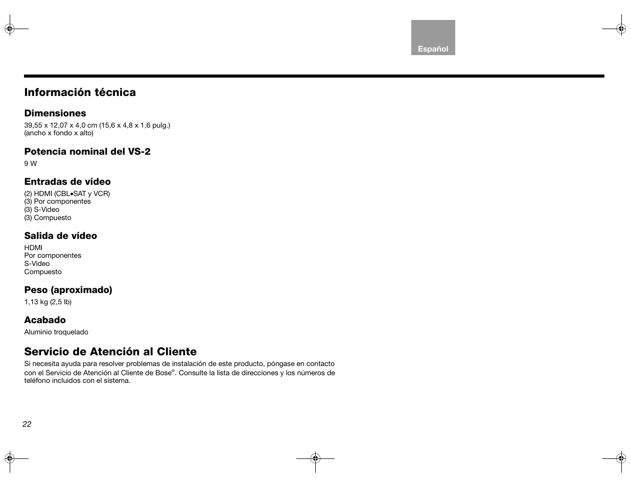 Información técnica, Servicio de atención al cliente | Bose Lifestyle AM301726 User Manual | Page 88 / 267
