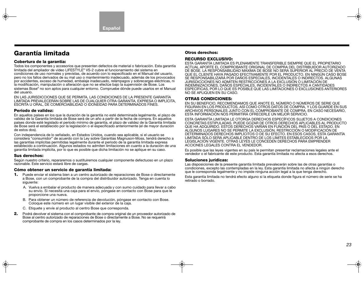 Garantía limitada | Bose Lifestyle AM301726 User Manual | Page 89 / 267