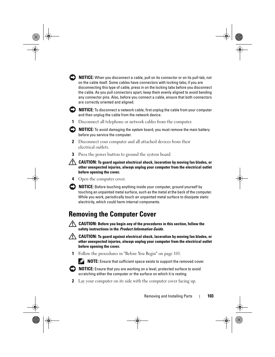 Removing the computer cover | Dell Inspiron 531s (Mid 2007) User Manual | Page 103 / 212