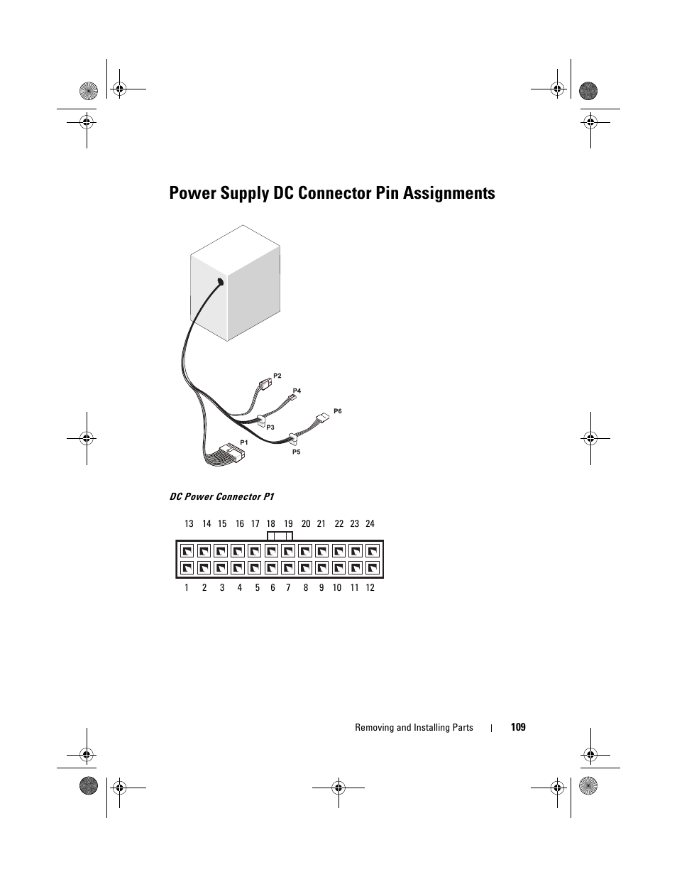 Power supply dc connector pin assignments | Dell Inspiron 531s (Mid 2007) User Manual | Page 109 / 212