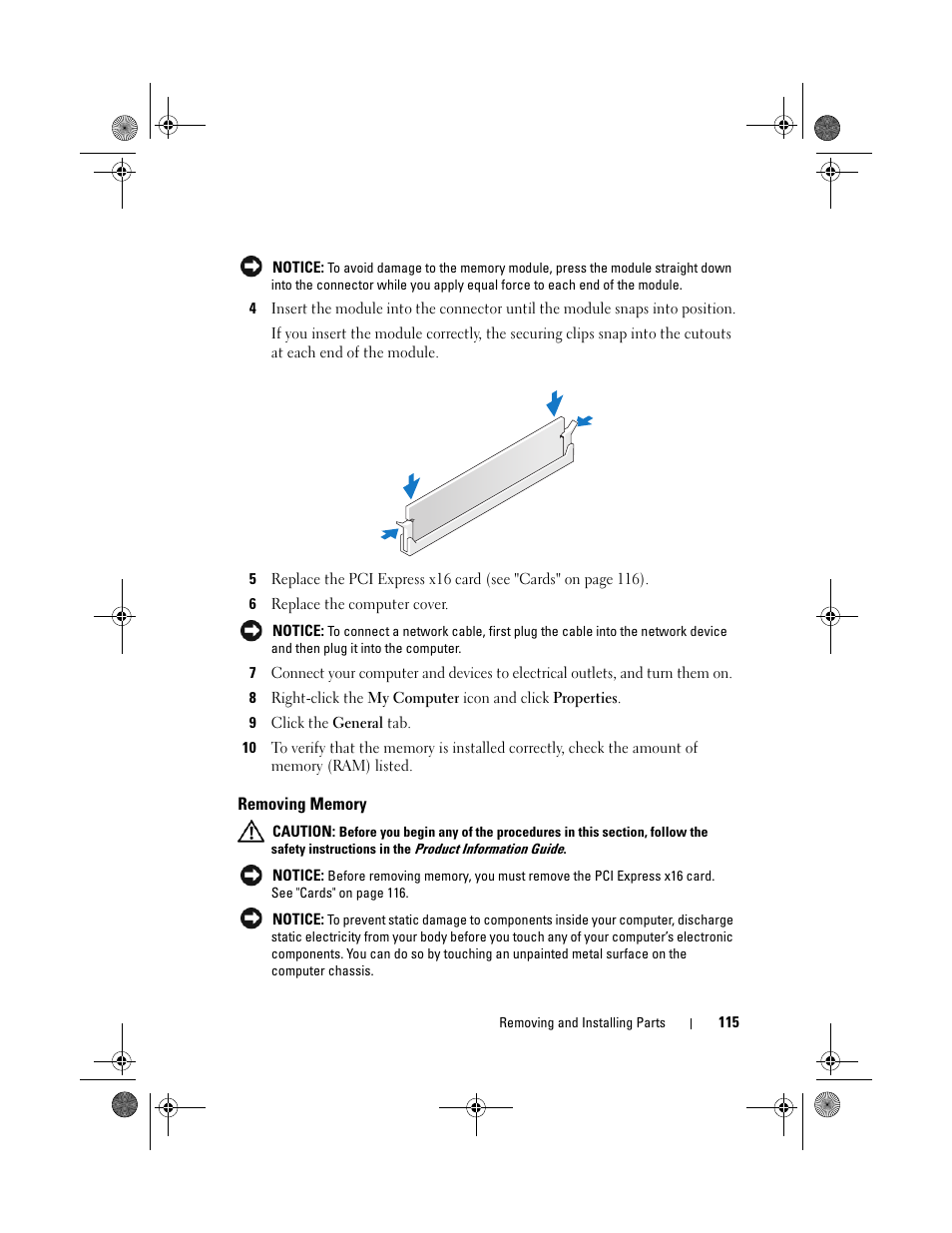 Removing memory | Dell Inspiron 531s (Mid 2007) User Manual | Page 115 / 212