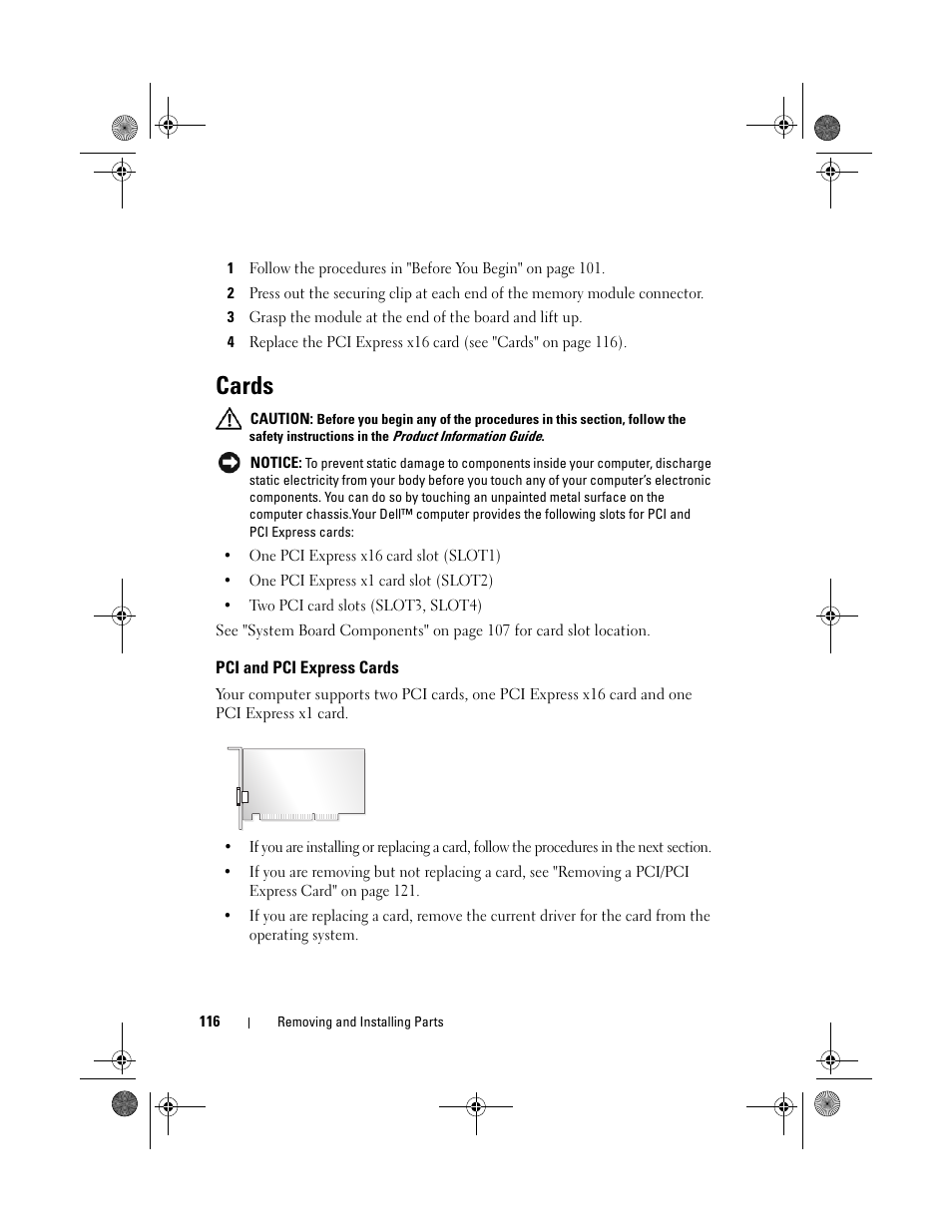 Cards, Pci and pci express cards | Dell Inspiron 531s (Mid 2007) User Manual | Page 116 / 212