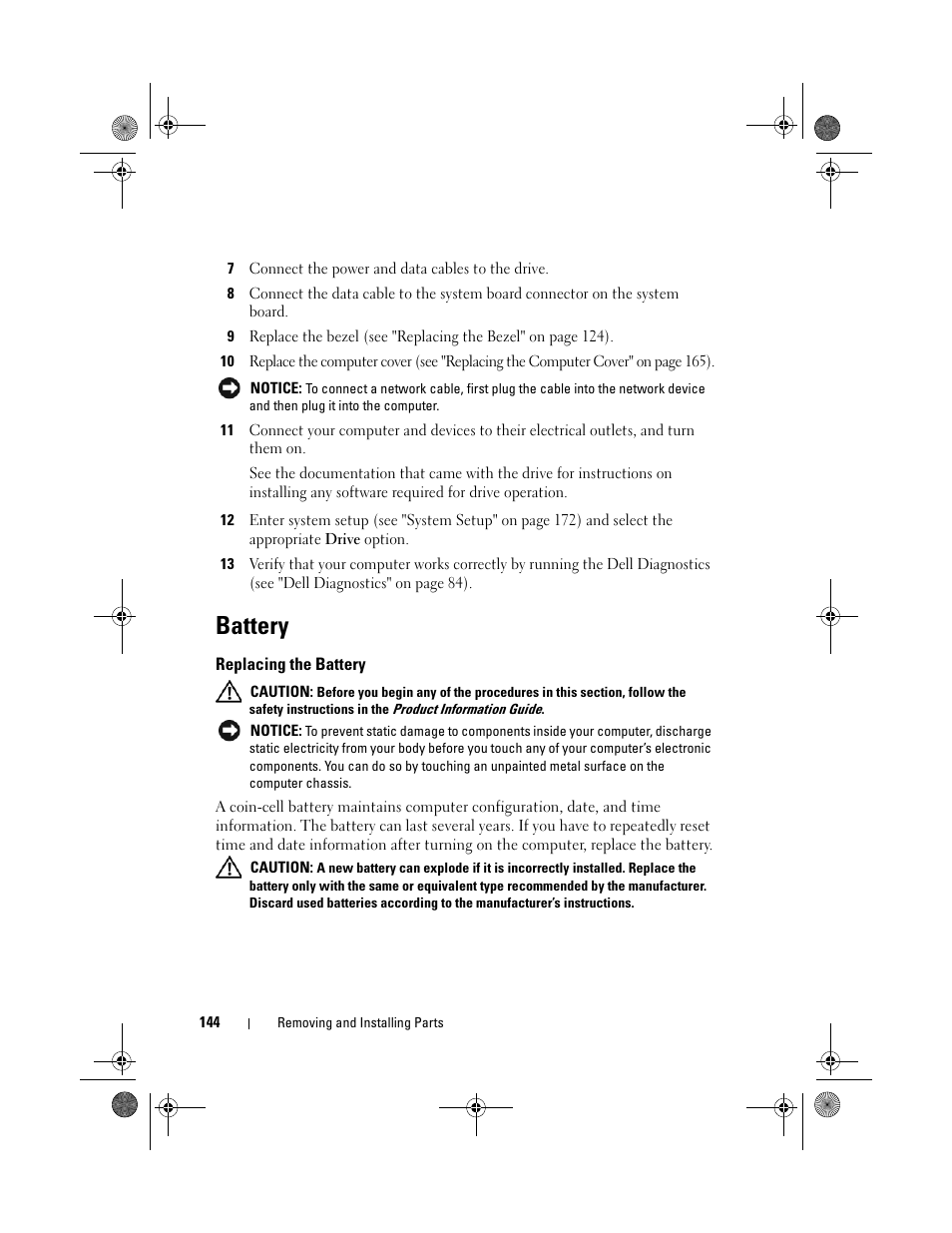 Battery, Replacing the battery | Dell Inspiron 531s (Mid 2007) User Manual | Page 144 / 212