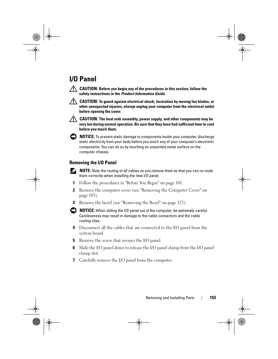 I/o panel, Removing the i/o panel | Dell Inspiron 531s (Mid 2007) User Manual | Page 153 / 212