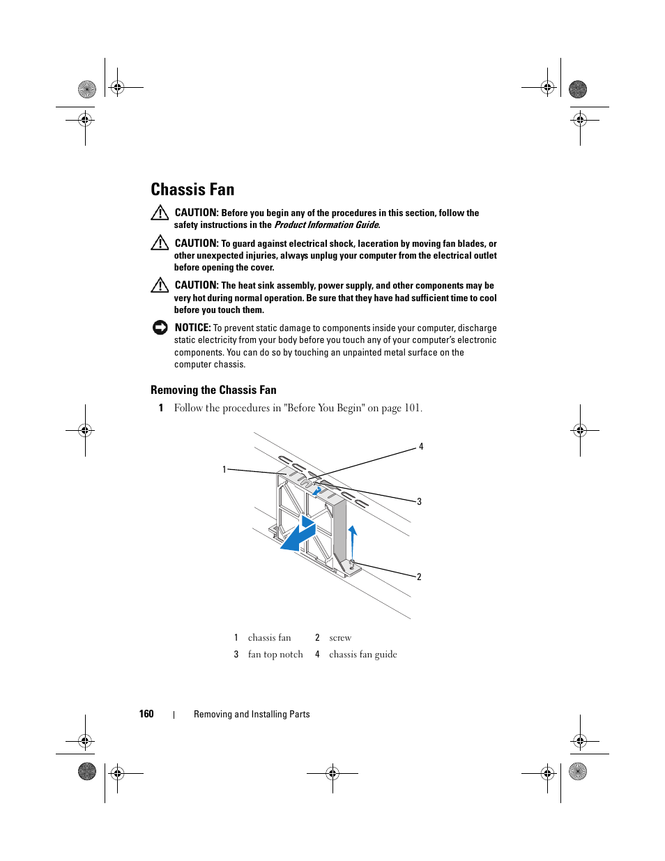 Chassis fan, Removing the chassis fan | Dell Inspiron 531s (Mid 2007) User Manual | Page 160 / 212