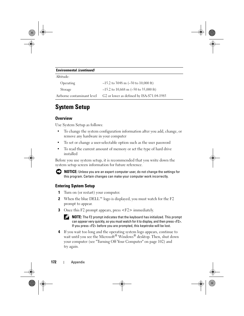 System setup, Overview, Entering system setup | Nfiguration changes (see "entering, P (see "entering system setup" on | Dell Inspiron 531s (Mid 2007) User Manual | Page 172 / 212