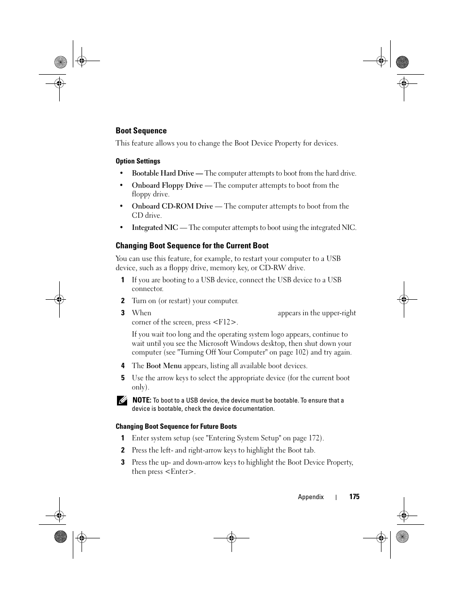 Boot sequence, Changing boot sequence for the current boot, Changing boot sequence for the | Current boot | Dell Inspiron 531s (Mid 2007) User Manual | Page 175 / 212