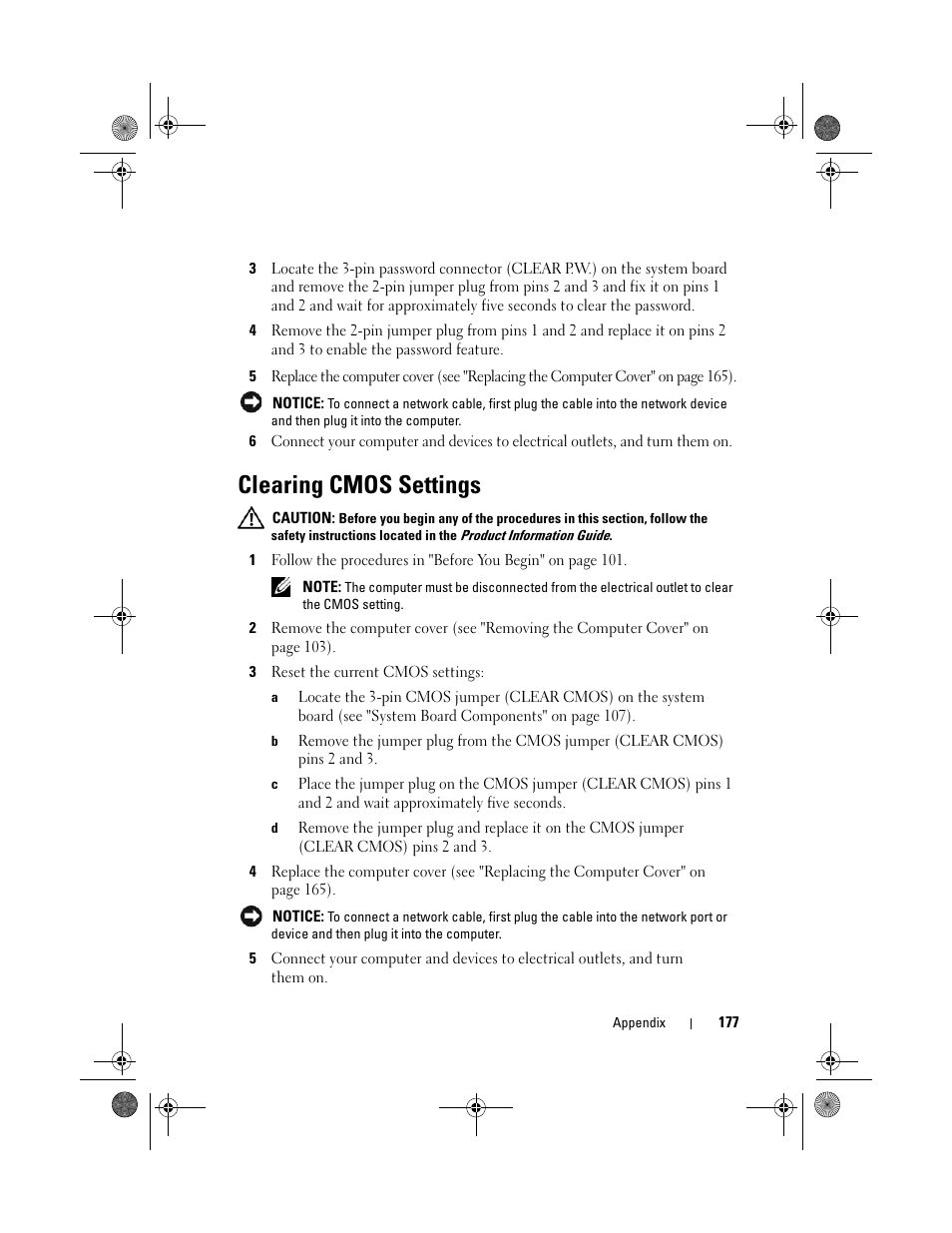 Clearing cmos settings | Dell Inspiron 531s (Mid 2007) User Manual | Page 177 / 212