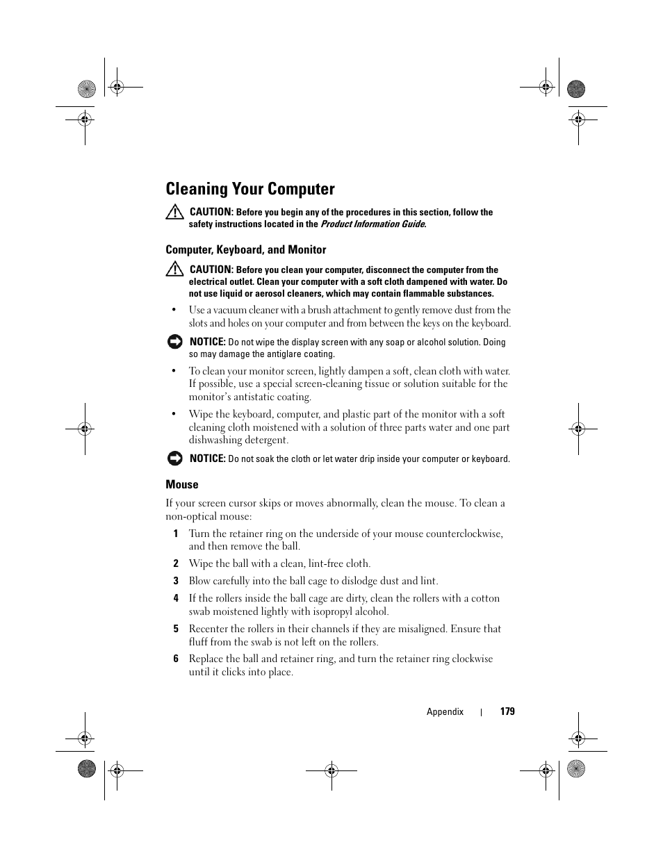 Cleaning your computer, Computer, keyboard, and monitor, Mouse | Dell Inspiron 531s (Mid 2007) User Manual | Page 179 / 212