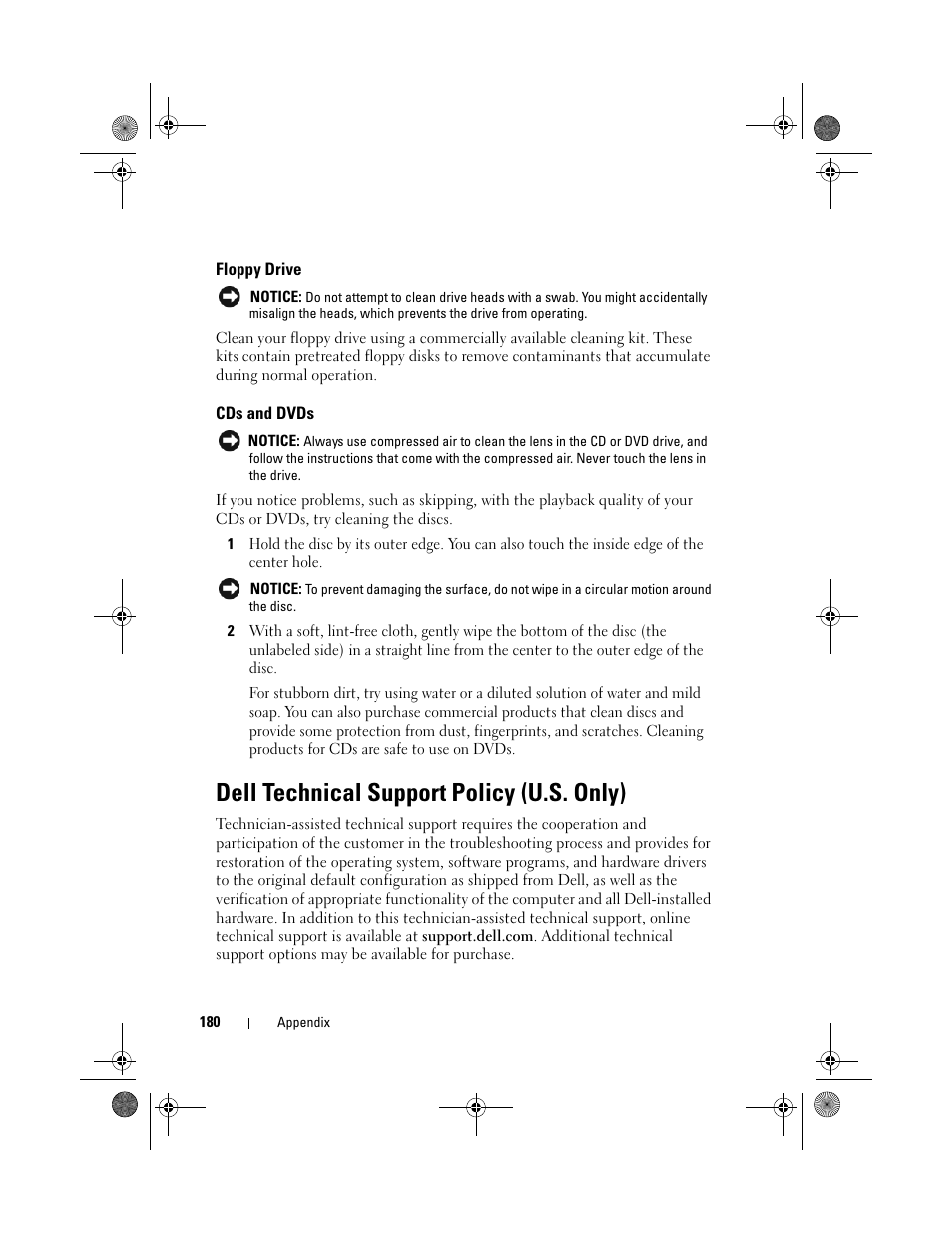 Floppy drive, Cds and dvds, Dell technical support policy (u.s. only) | Dell Inspiron 531s (Mid 2007) User Manual | Page 180 / 212