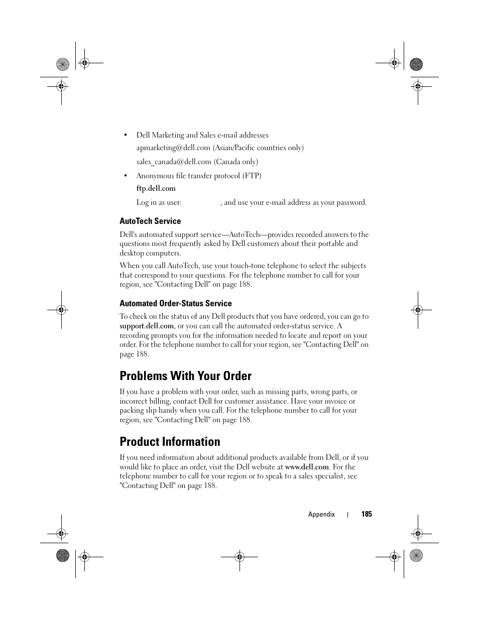 Autotech service, Automated order-status service, Problems with your order | Product information | Dell Inspiron 531s (Mid 2007) User Manual | Page 185 / 212