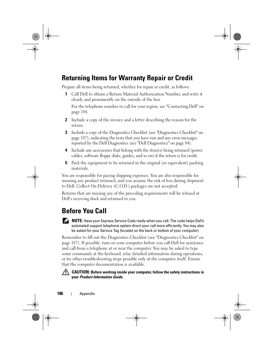 Returning items for warranty repair or credit, Before you call | Dell Inspiron 531s (Mid 2007) User Manual | Page 186 / 212