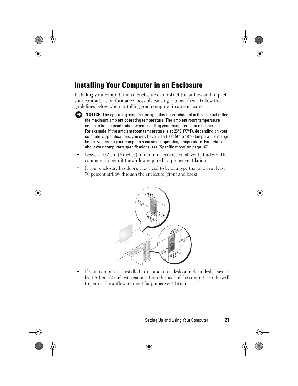 Installing your computer in an enclosure | Dell Inspiron 531s (Mid 2007) User Manual | Page 21 / 212