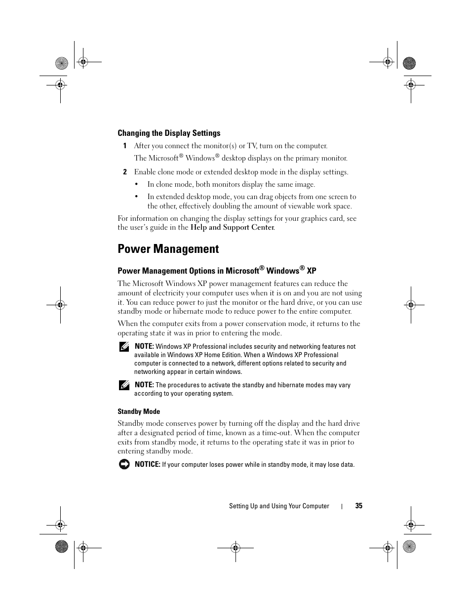Changing the display settings, Power management, Power management options in microsoft® windows® xp | Power management options in, Microsoft | Dell Inspiron 531s (Mid 2007) User Manual | Page 35 / 212