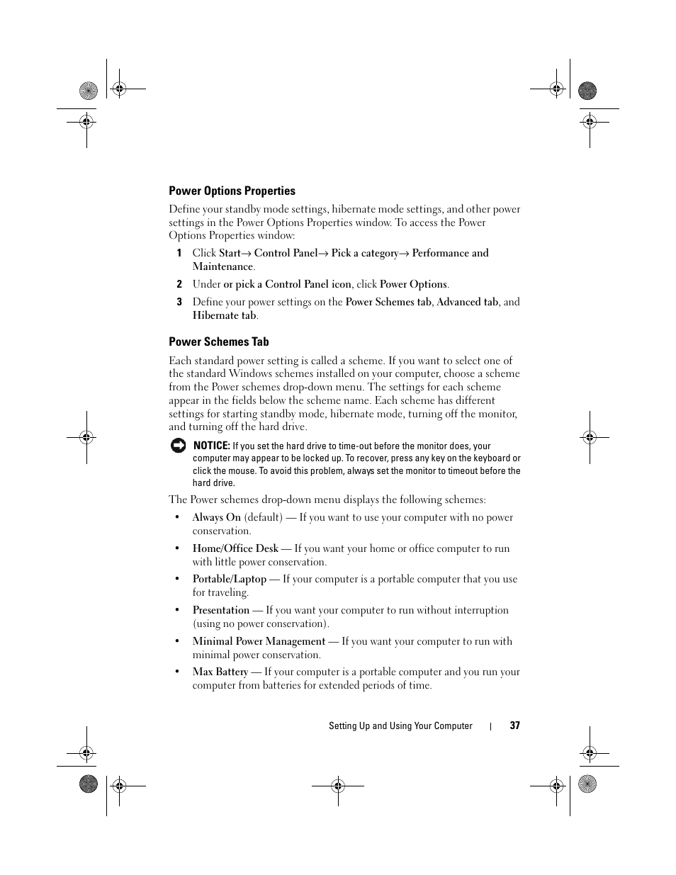 Power options properties, Power schemes tab | Dell Inspiron 531s (Mid 2007) User Manual | Page 37 / 212