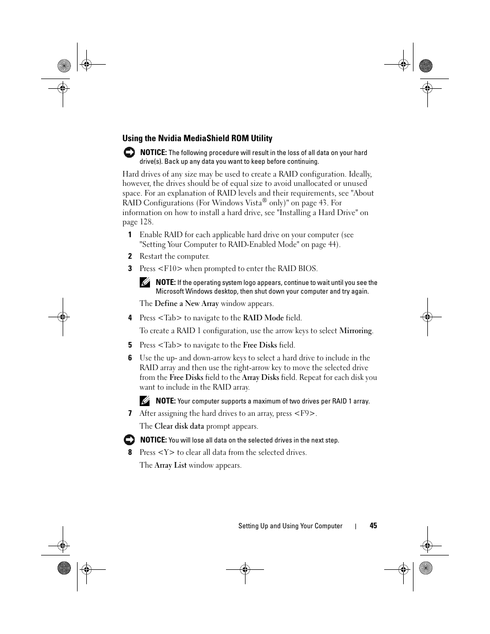 Using the nvidia mediashield rom utility | Dell Inspiron 531s (Mid 2007) User Manual | Page 45 / 212