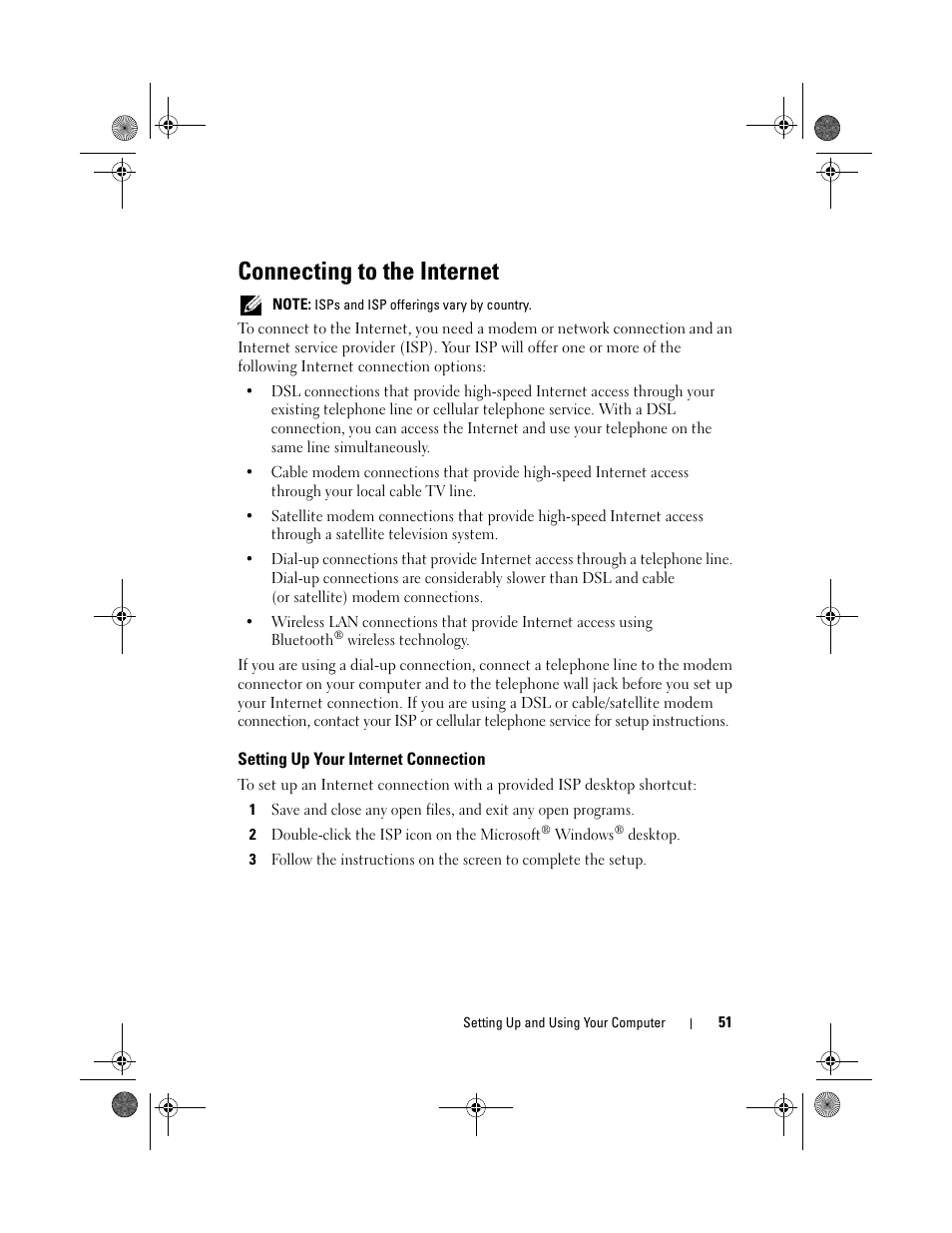 Connecting to the internet, Setting up your internet connection | Dell Inspiron 531s (Mid 2007) User Manual | Page 51 / 212