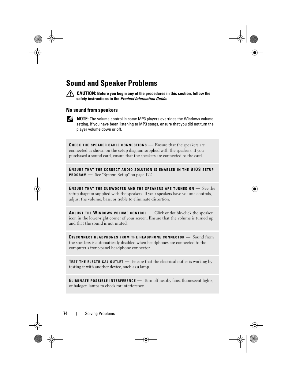 Sound and speaker problems, No sound from speakers | Dell Inspiron 531s (Mid 2007) User Manual | Page 74 / 212