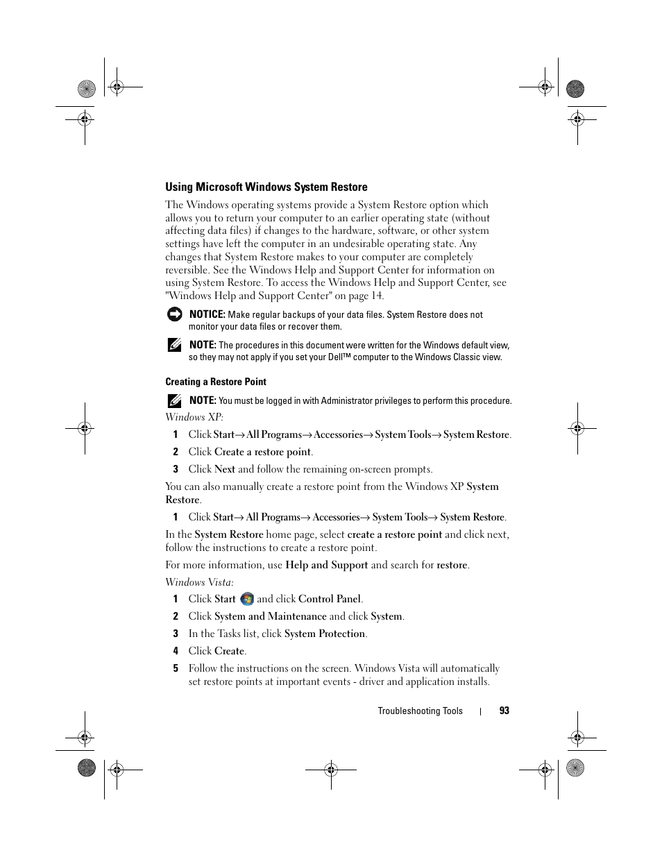 Using microsoft windows system restore | Dell Inspiron 531s (Mid 2007) User Manual | Page 93 / 212