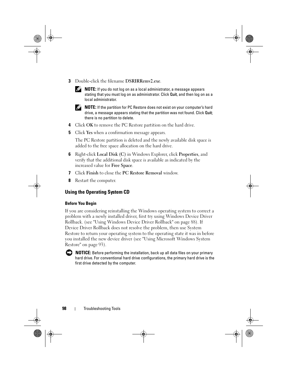 Using the operating system cd | Dell Inspiron 531s (Mid 2007) User Manual | Page 98 / 212