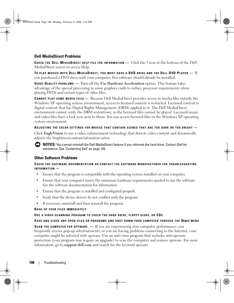 Dell mediadirect problems, Other software problems | Dell Inspiron E1705 User Manual | Page 100 / 188