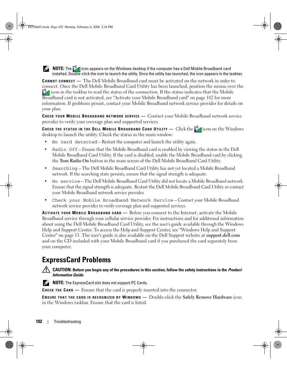 Expresscard problems | Dell Inspiron E1705 User Manual | Page 102 / 188