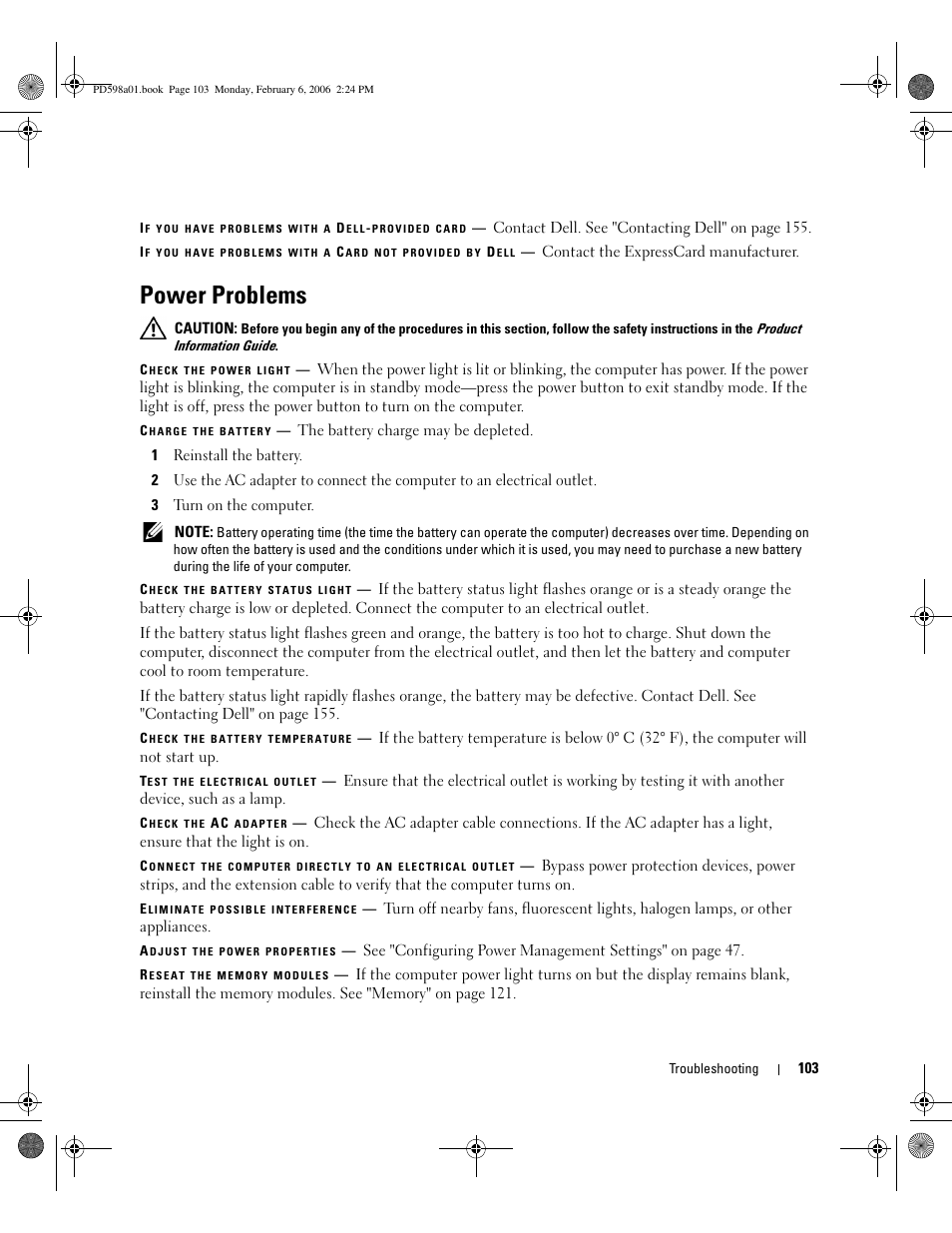 Power problems | Dell Inspiron E1705 User Manual | Page 103 / 188